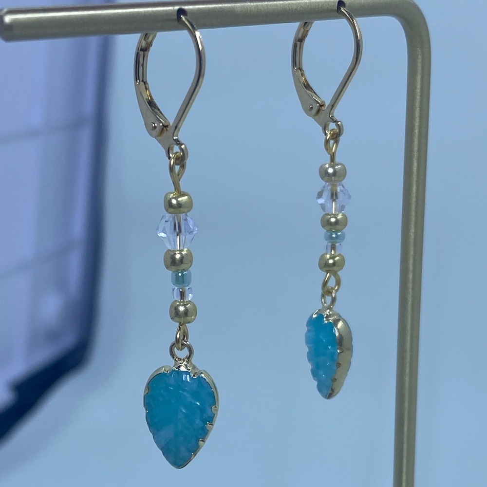 Elegant Gold and Sea Green and Crystal Dangle Earrings